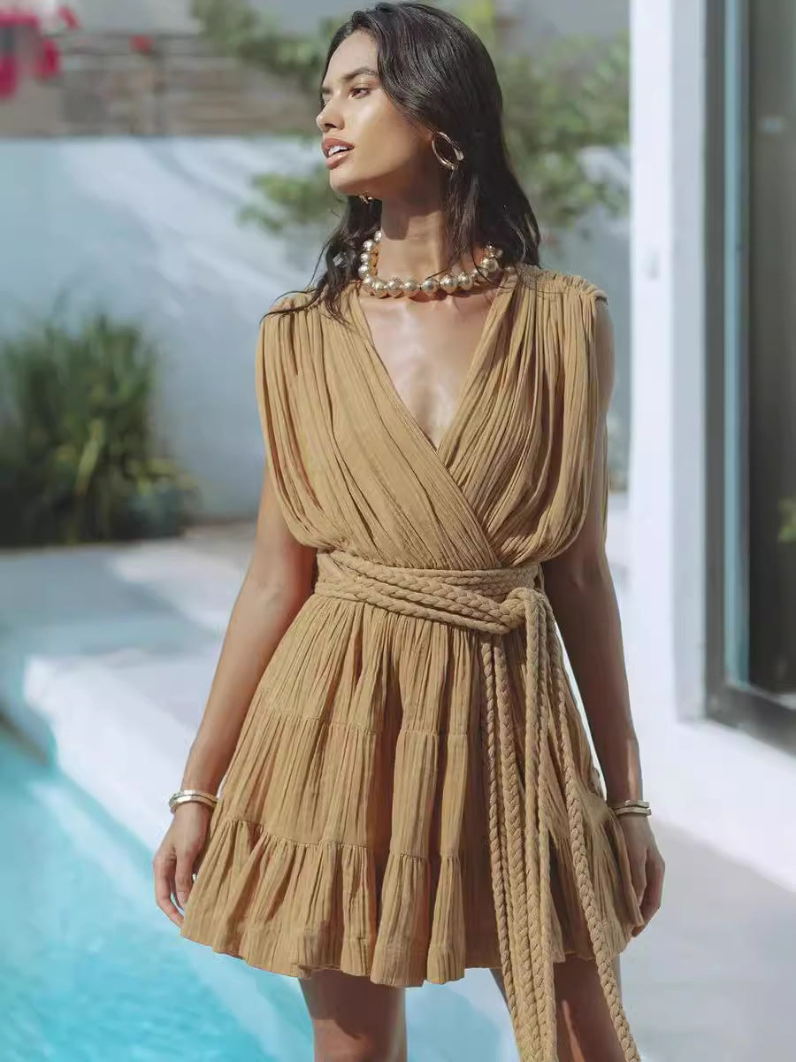 Women Summer Holidays Solid Drawstring Belt Sexy Dress 8