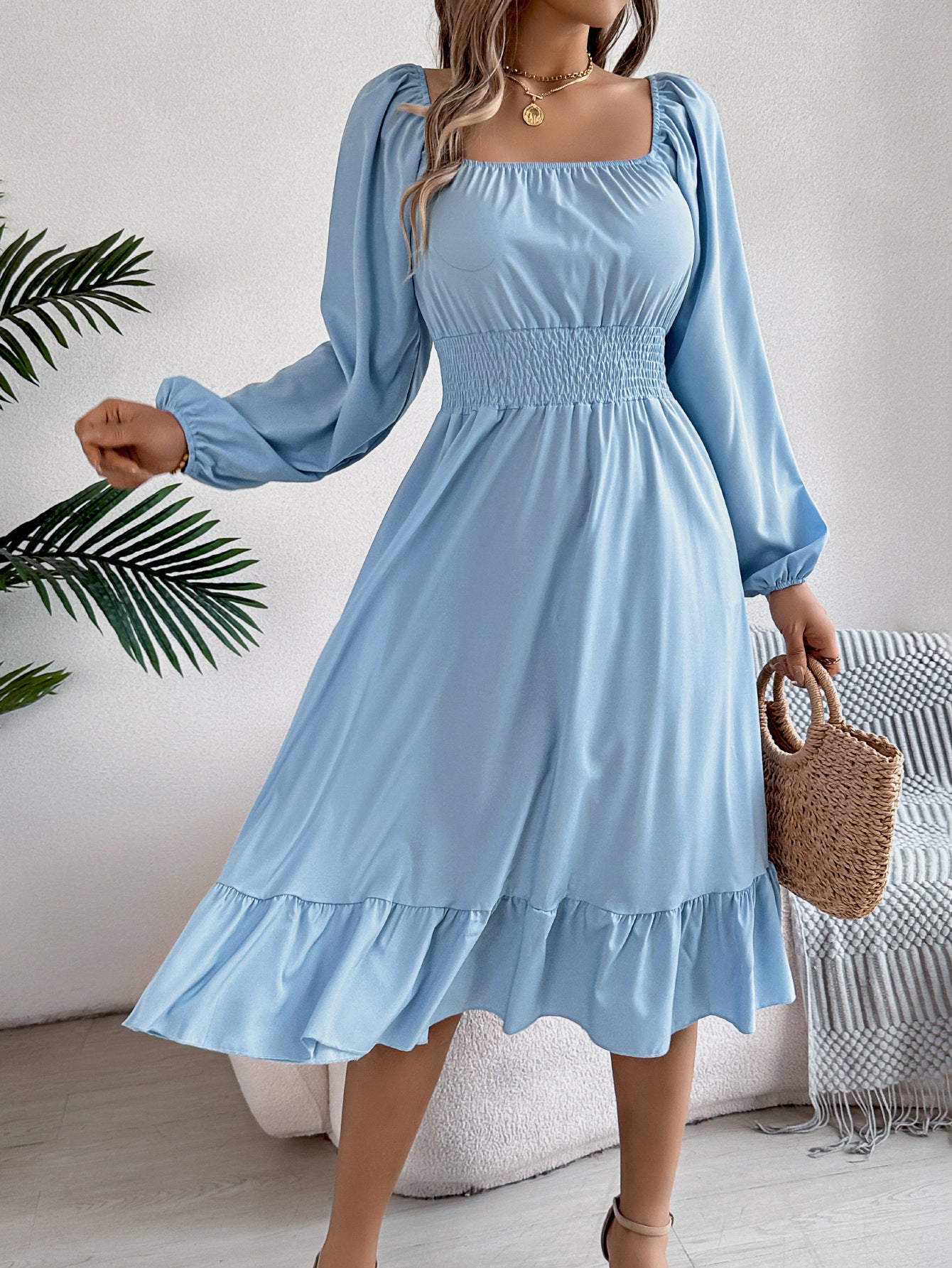 Women Spring and Summer Casual Solid Square Neck Long Sleeve Ruffle Dress 9