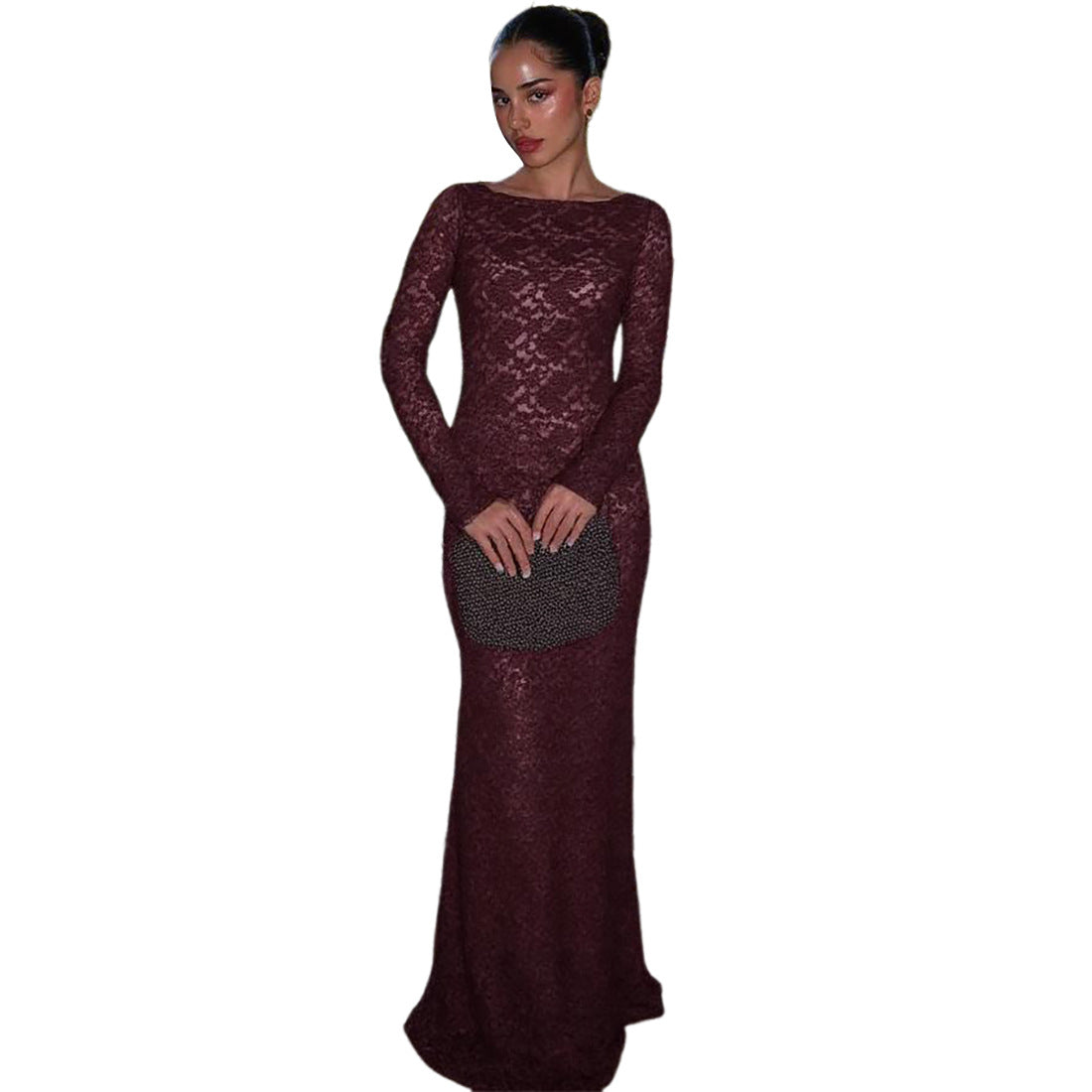 Women's Autumn Sexy Cut-Out Slim Lace Long Sleeve Dress 16