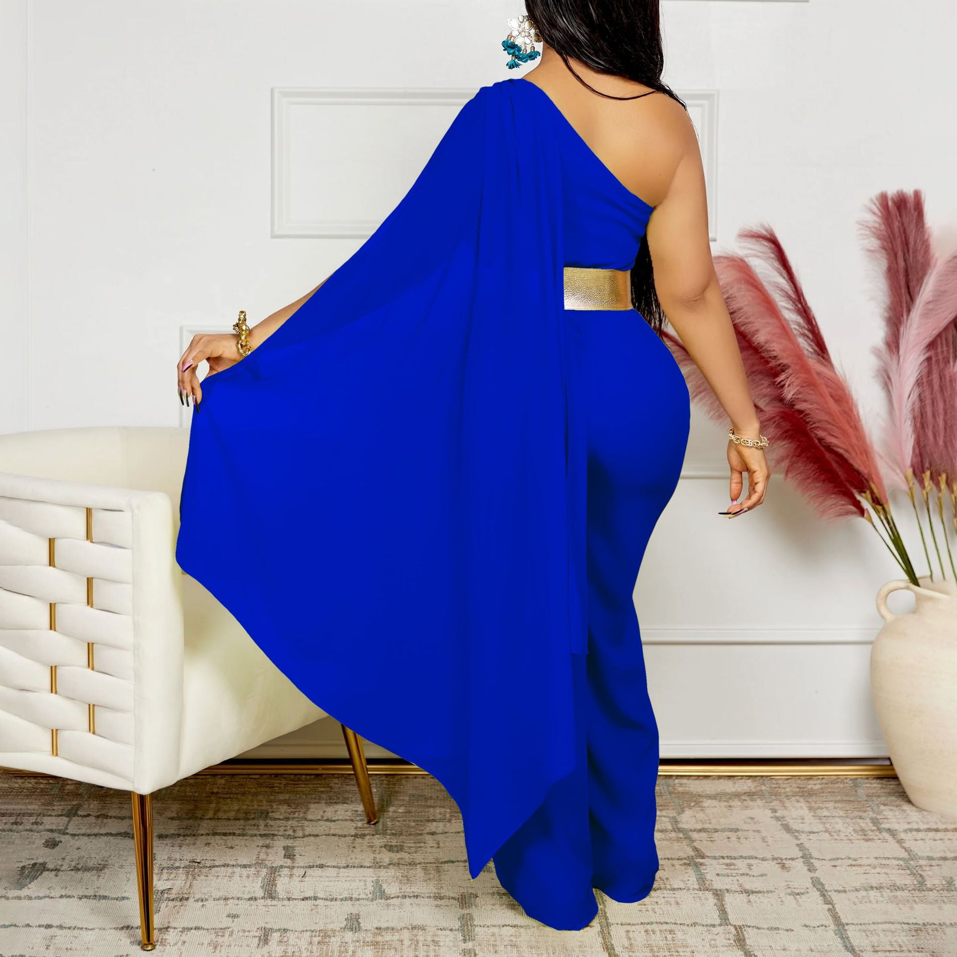 Women's Spring Summer Fashion Chic Slash Shoulder Patchwork Pleated OL High Waist African Jumpsuit 10