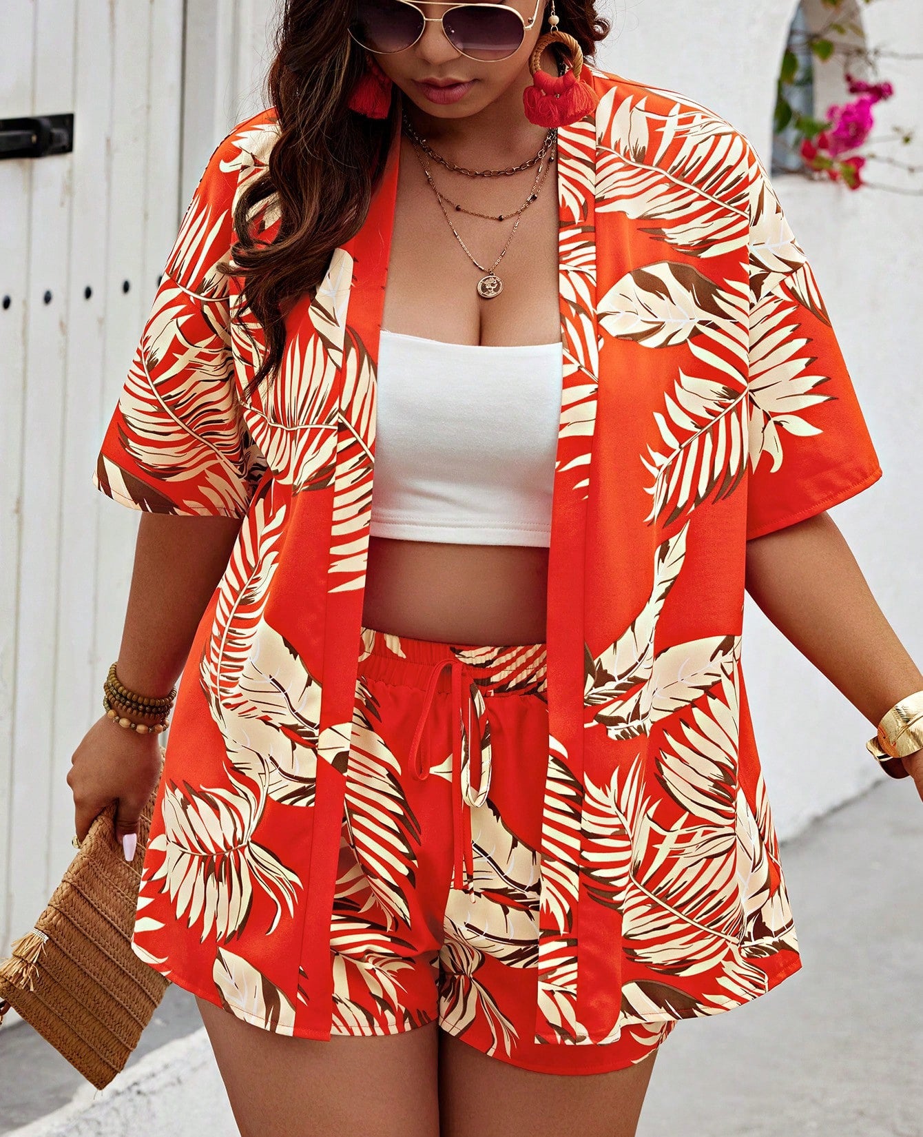 Spring Summer Women's Fashion Print Casual Holidays Cardigan Shorts Set 22