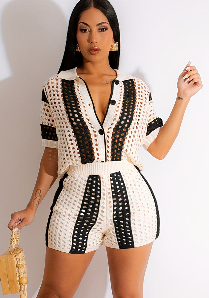 Sexy Ladies Hollow See-Through Turndown Collar Knitting Two Piece Shorts Set