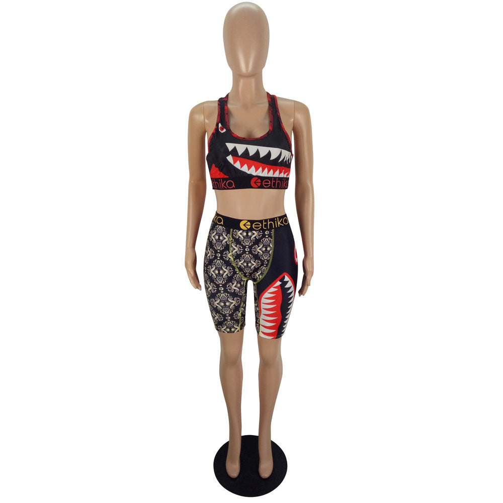 Cartoon Print Casual Camouflage Tank Biker Shorts Two-Piece Set 24
