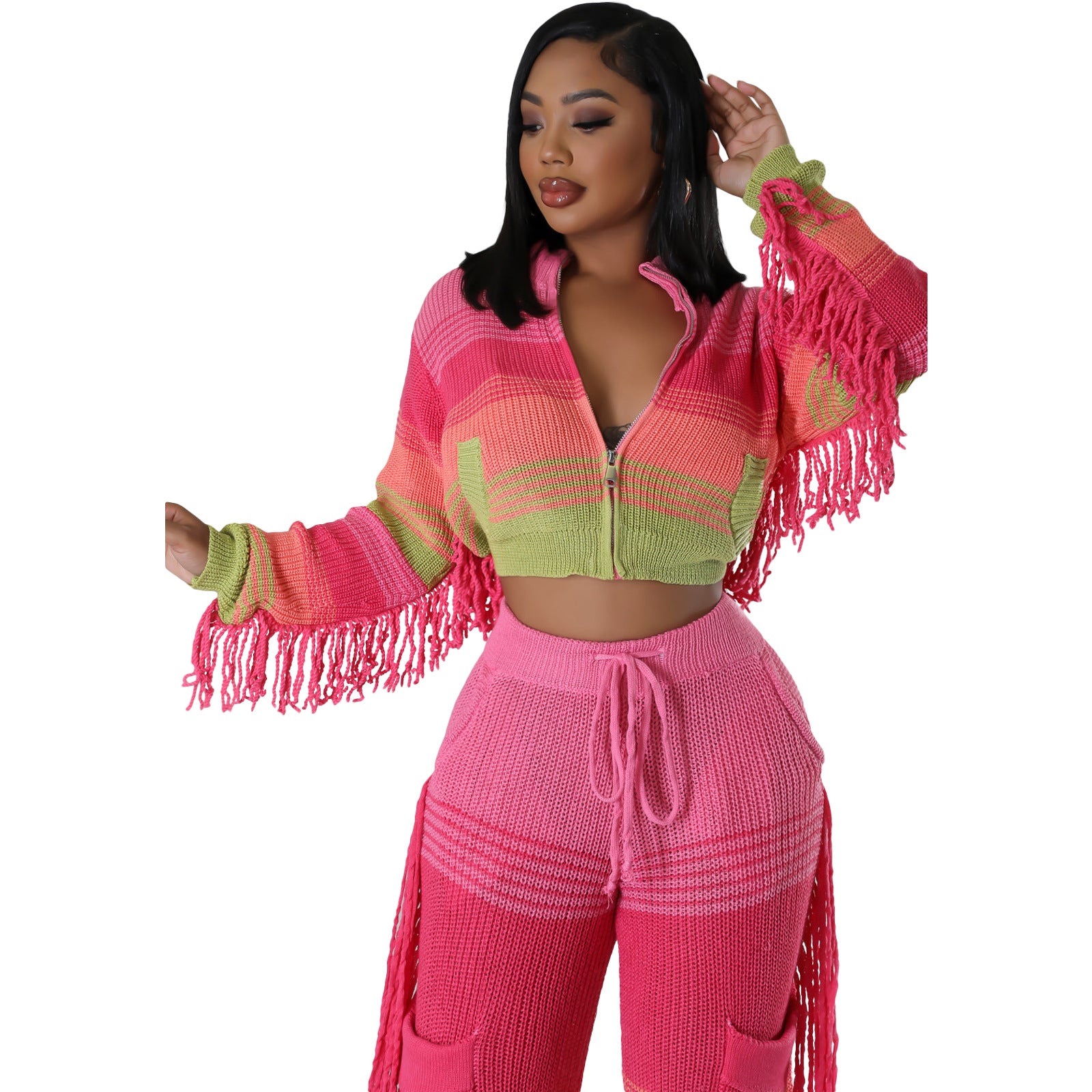 Women Casual Knitting Pocket Crochet Top and Pant Two-piece Set 7
