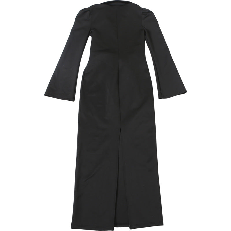 Autumn Women's Solid Color Chic Turndown Collar Slim Waist Lace-Up Zipper Long Sleeve Dress 11