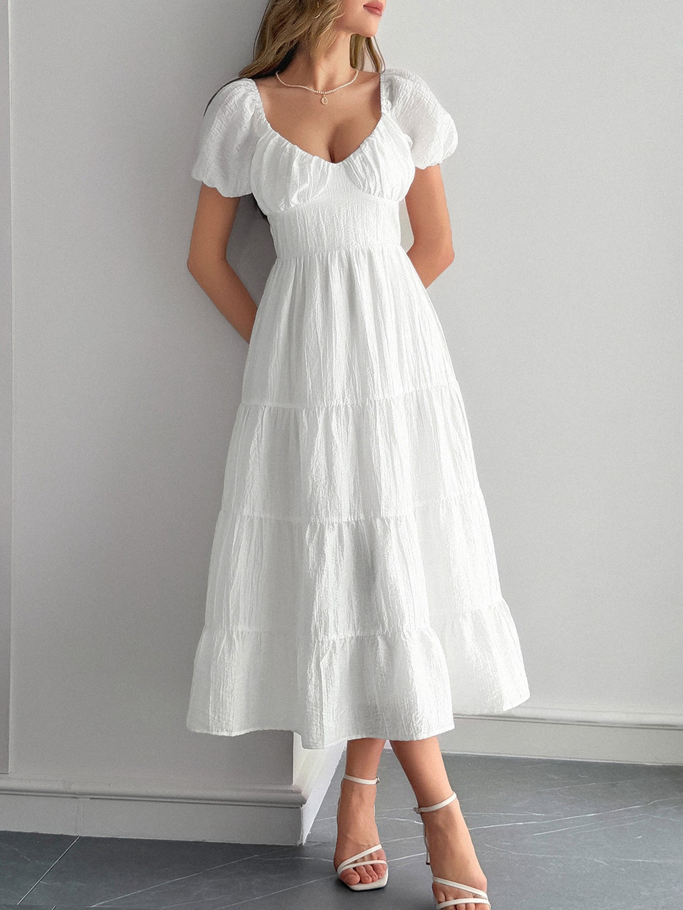 Spring-Summer Elegant Holiday Solid Short-Sleeve Maxi Dress for Women 5