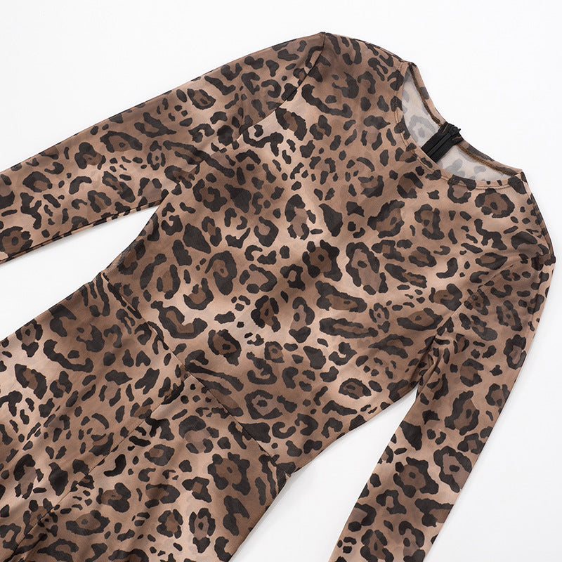 Women's Spring-Summer Leopard Mesh Bell Sleeve See-Through Jumpsuit 10