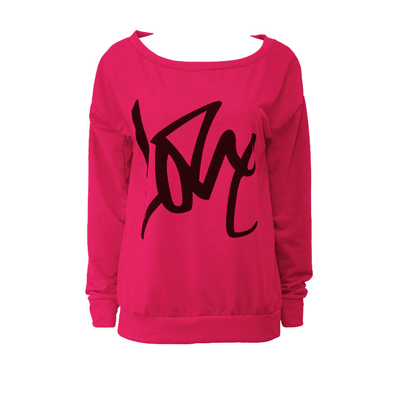 Love Letter Printed Long Sleeve T-Shirt Sexy Off-Shoulder Women's Top 27