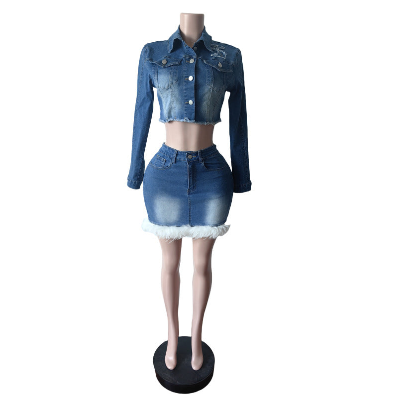Women Stretchy Denim Feather Long-Sleeved Top and Skirt Two-Piece Set 5