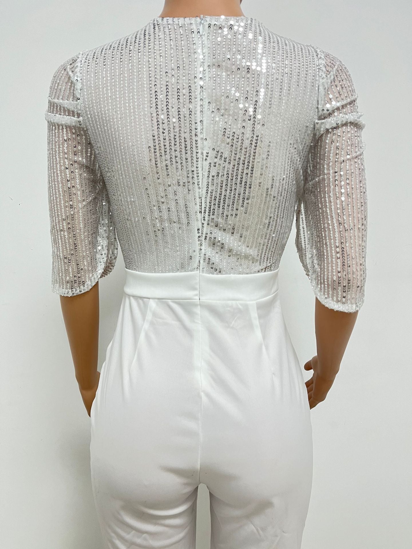 Women's Fashion Sequins Half Sleeve Wide-Leg Chic Ladies Jumpsuit 26