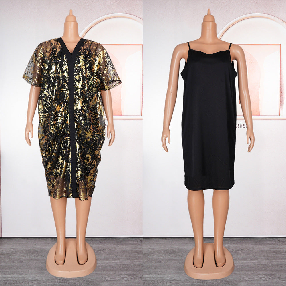 African Plus Size Women's Shiny Mesh Dress Strap Solid Basic Dress Two Piece Set 6
