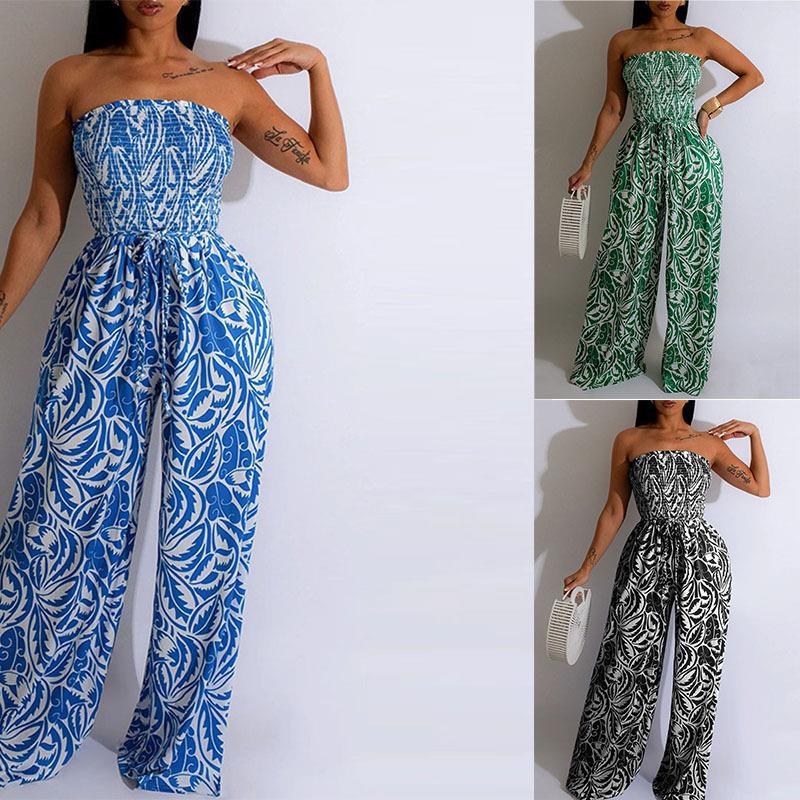 Women Summer Printed Strapless Sexy Off-the-Shoulder Wide-Leg Jumpsuit 7