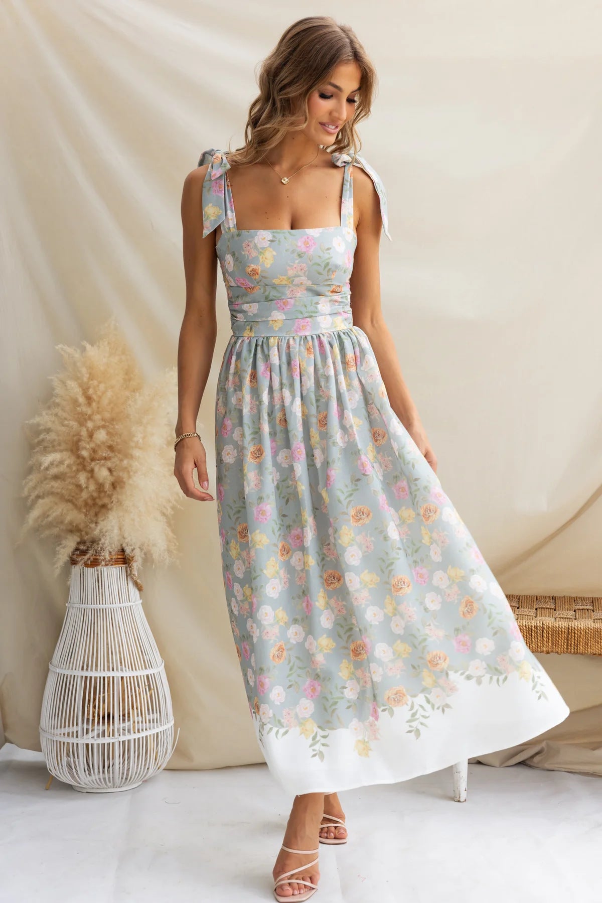 Floral Slim Waist Strap Dress Summer Holiday Long Gown 13