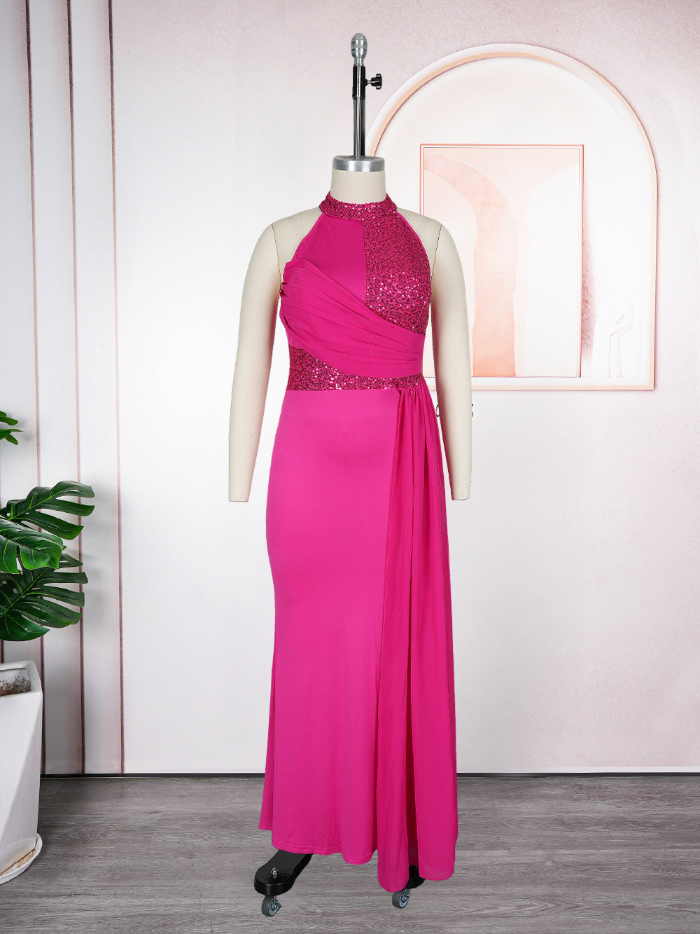 Plus Size Women's Long Dress African Fashion Elegant Sexy Halter Neck Slim Waist Evening Gown 10