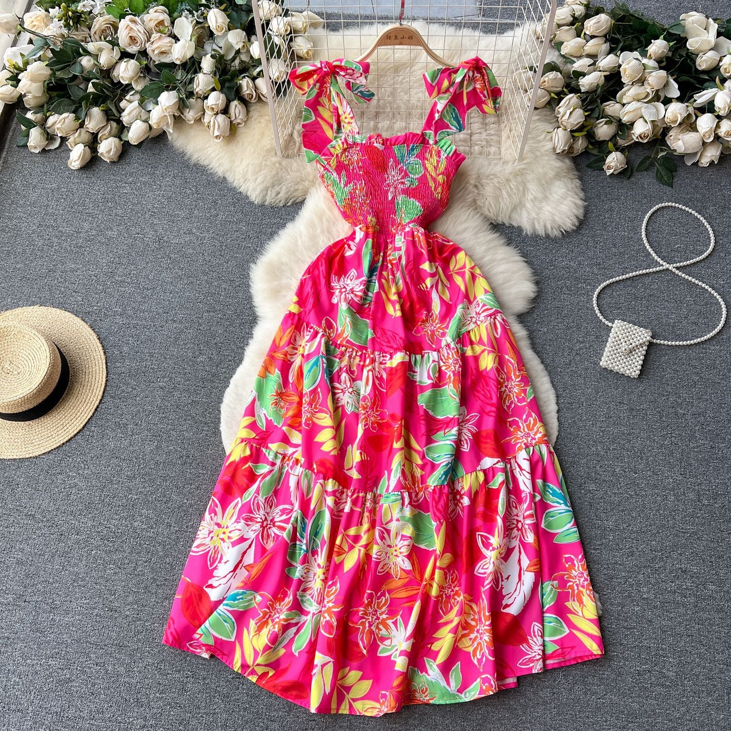 Holidays Dress Summer Strap Lace-Up Slim Waist Flared Print Dress 6