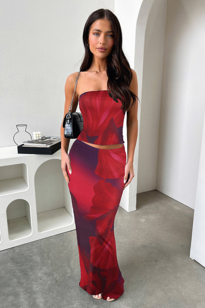 Women Summer Sexy Printed Strapless Top and Skirt Two-Piece Set 3