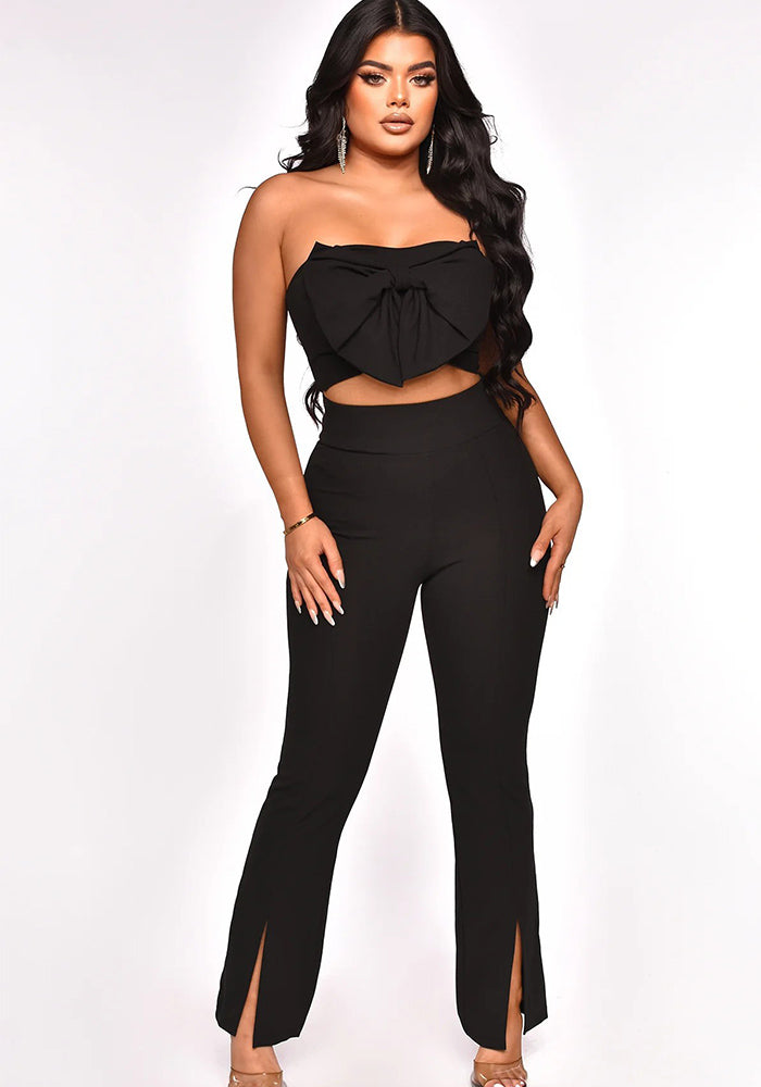 Sexy Solid Bow Tie Strapless Vest Fashion Slit Trousers Two-Piece Pants Set