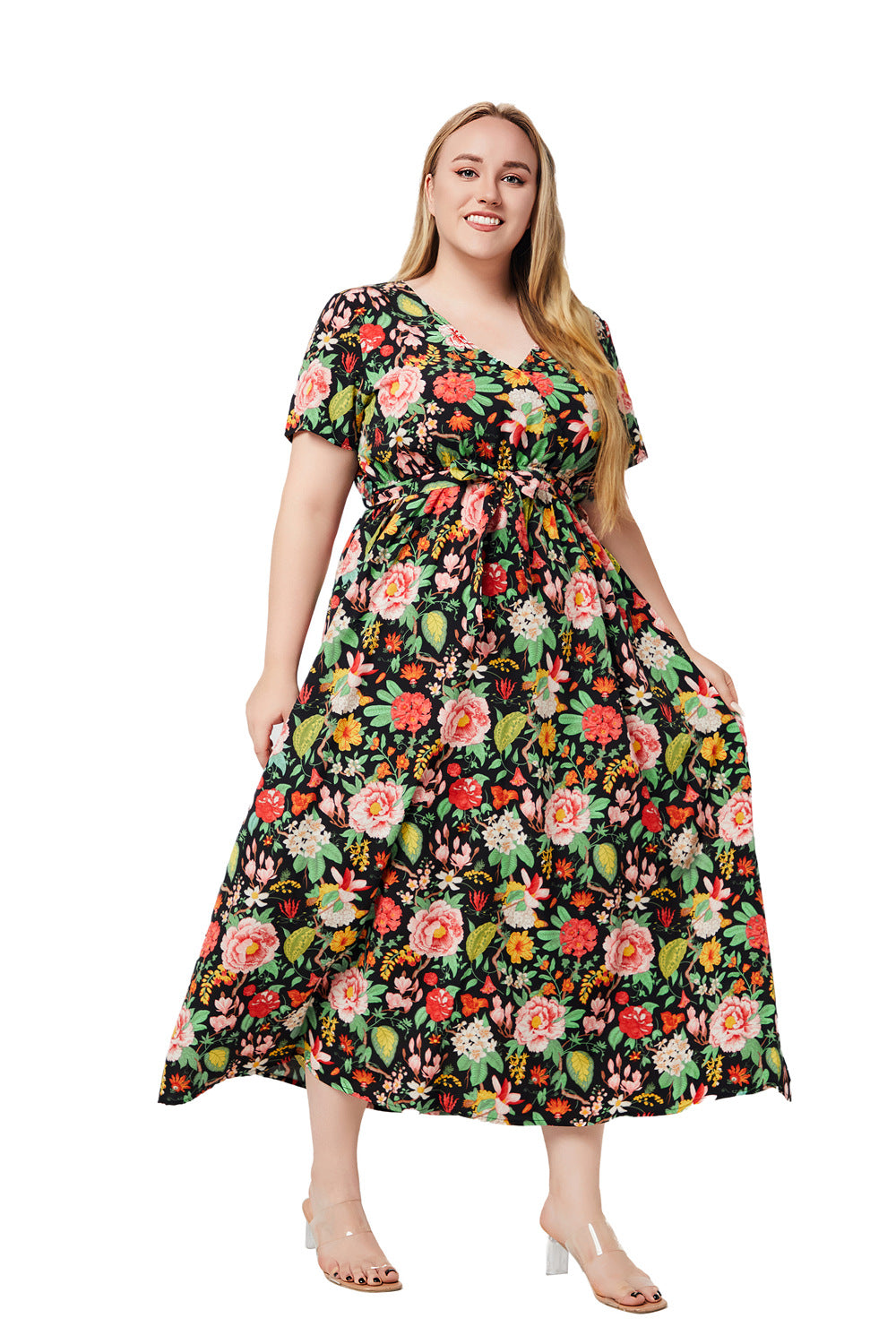 Plus Size Women Summer V Neck Short Sleeve Printed Bohemian Dress 4