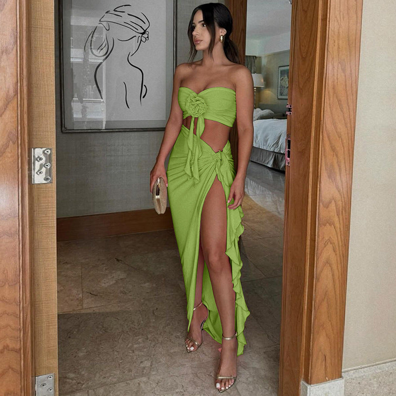 Women's Summer Fashion Sexy Strapless Slim Flower Pleated Split Tie Two Piece Skirt Set 13