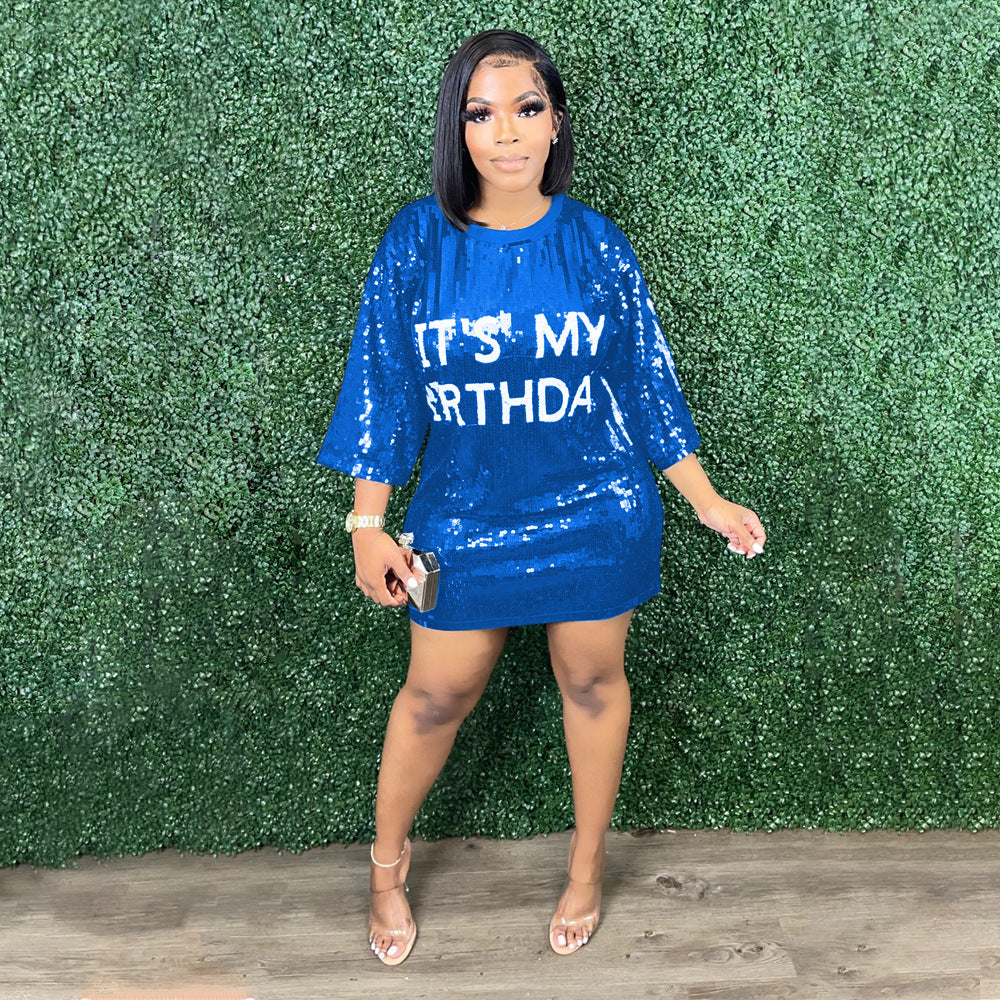 Women Round Neck Half-Sleeve Loose Sequin Print Dress 4