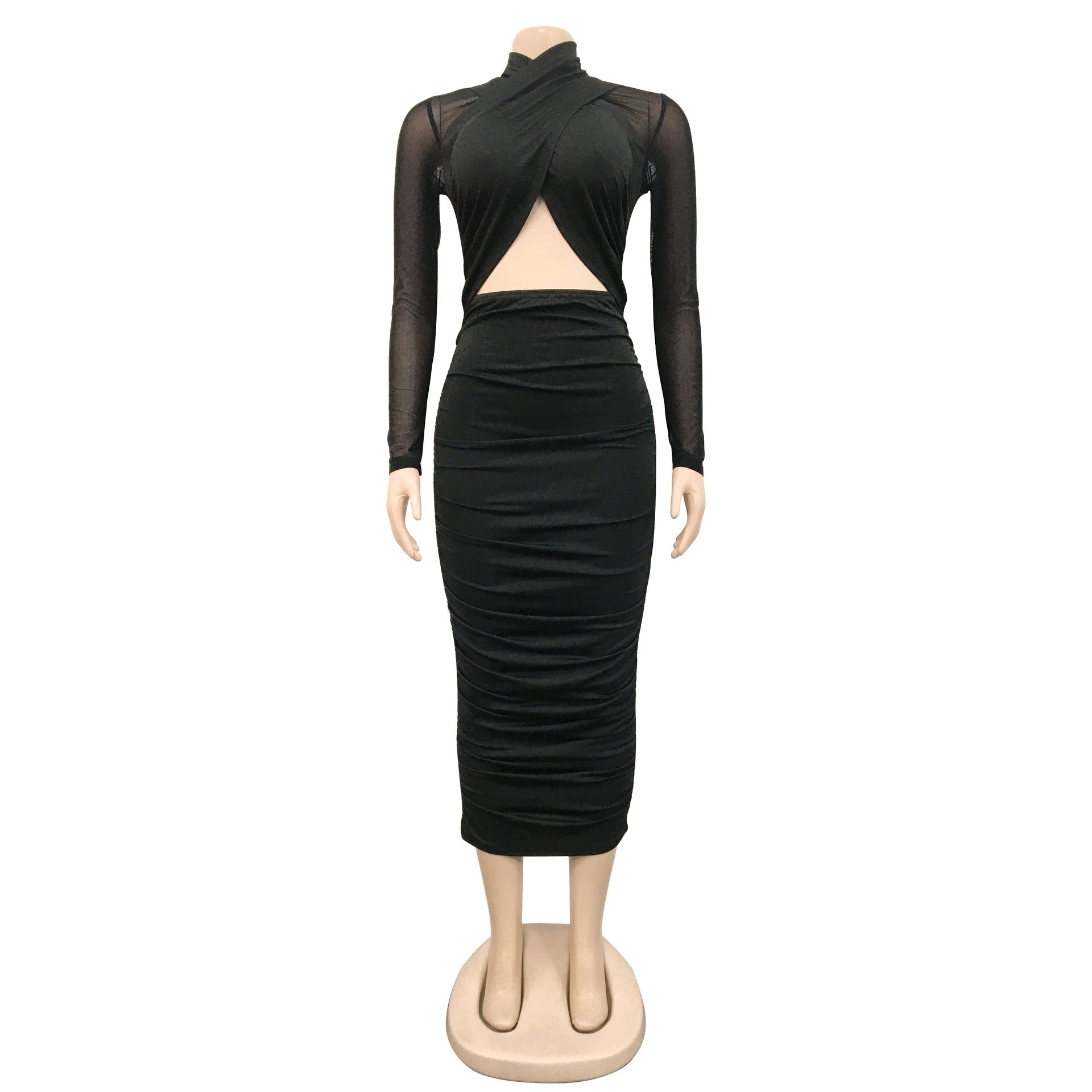 Women Mesh Long Sleeve Solid Cut Out Bodycon Dress 19