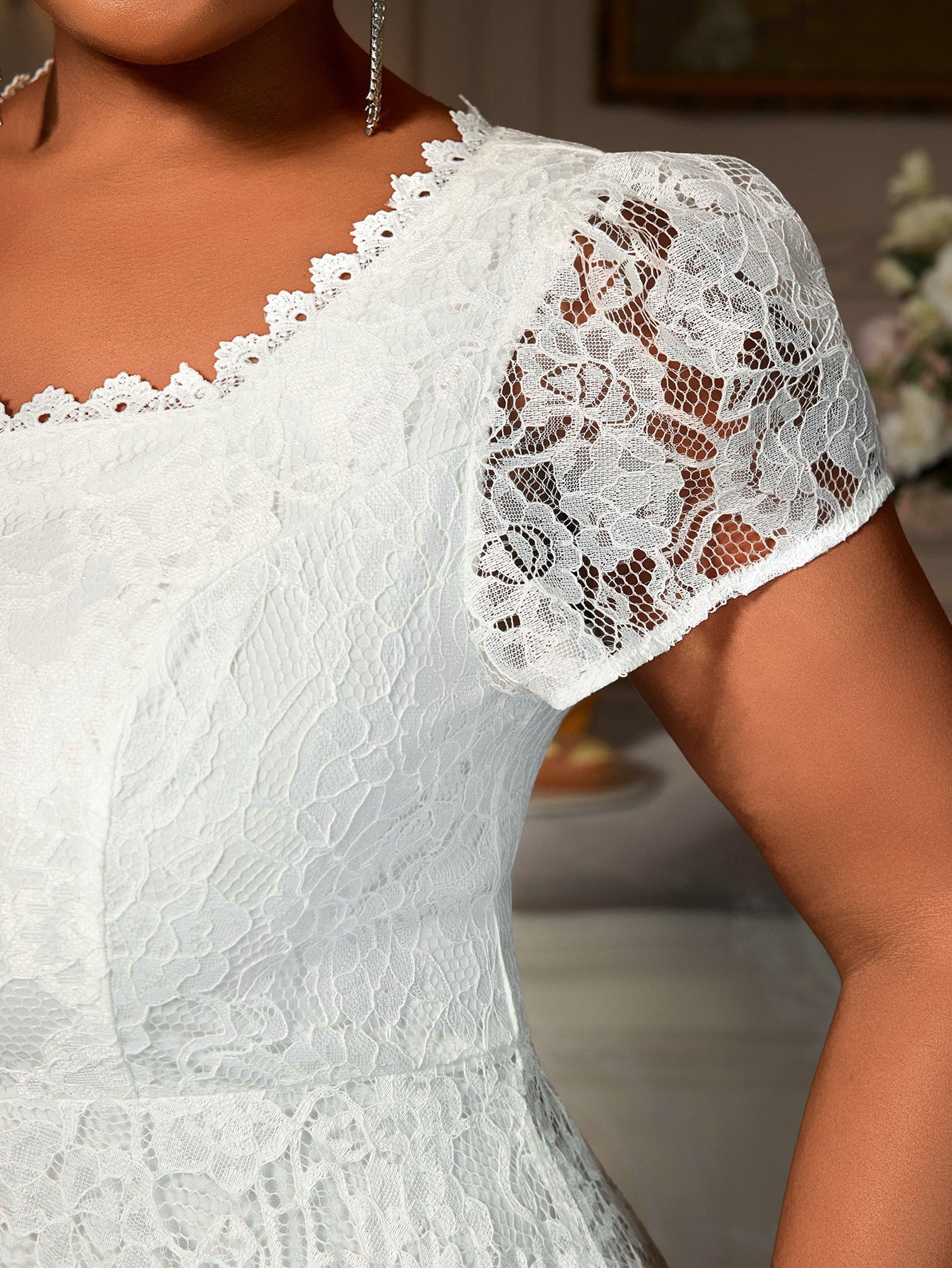 Plus Size Lace Trim Elegant Square-Neck Flared Party Dress 9