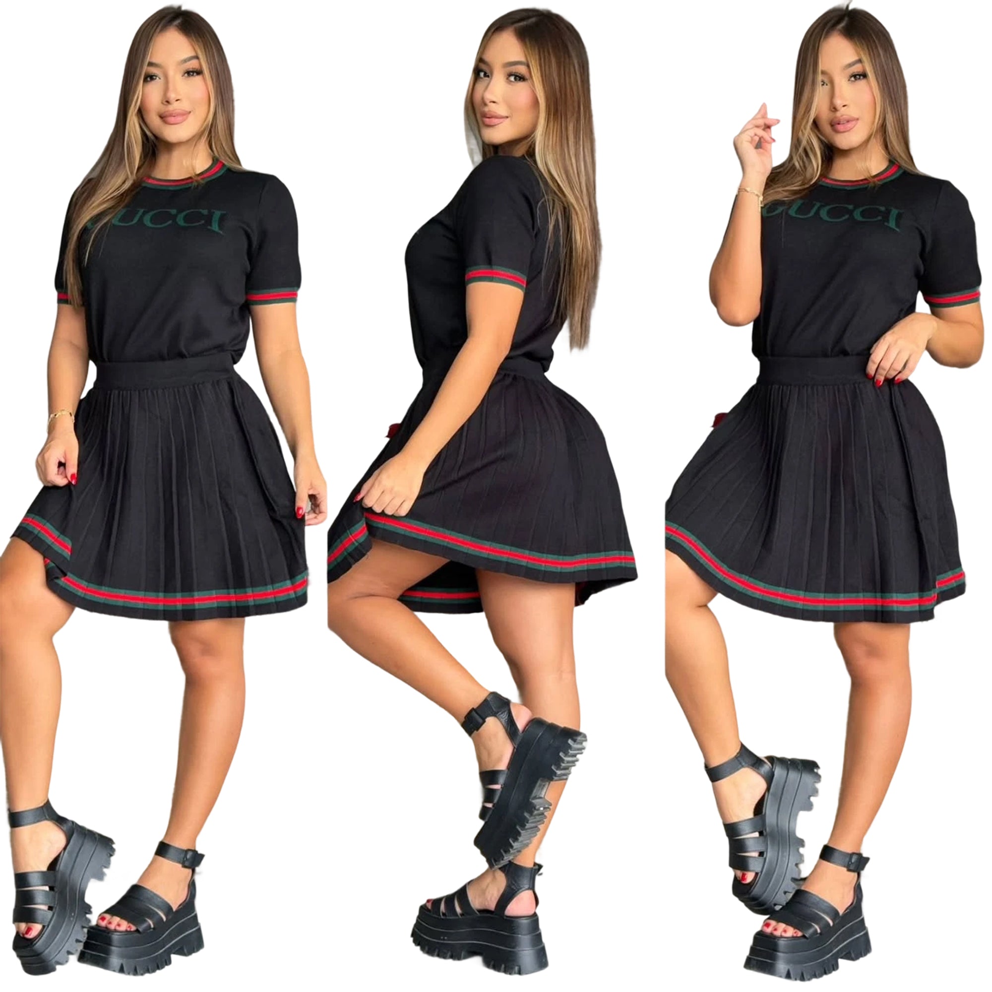 Women Print Short Sleeve and Skirt Two Piece Set 17
