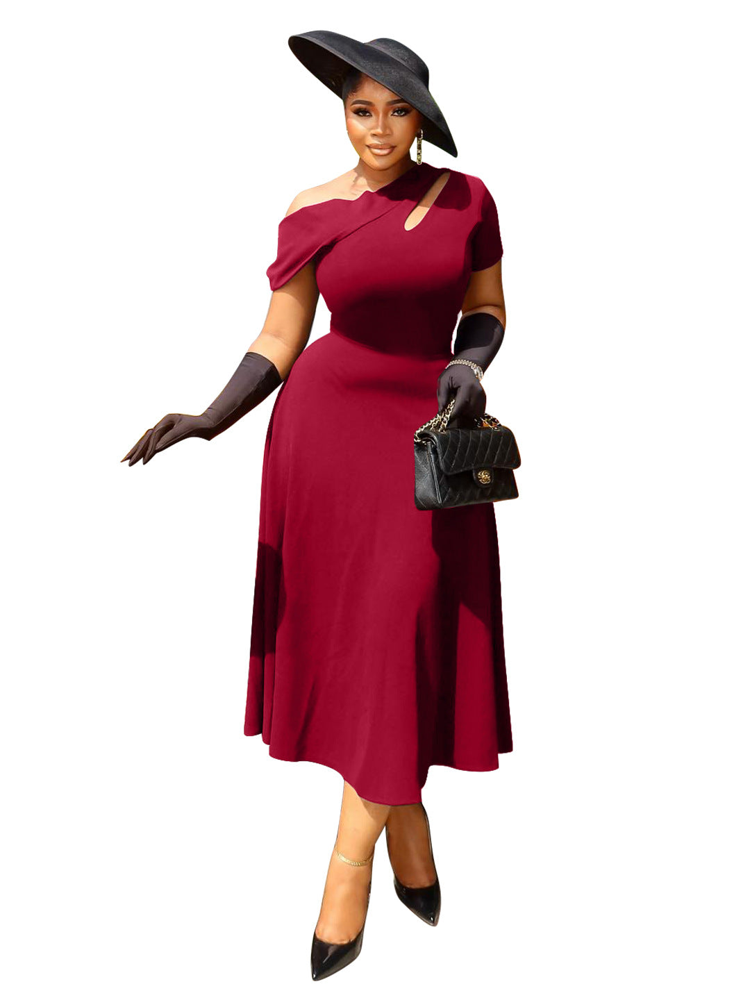 Summer Fashion Women's Slash Shoulder Cut-Out Solid Slim Waist Long Dress 10