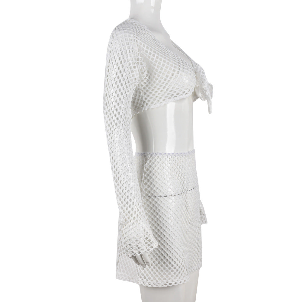 Autumn Sexy Slim Hollow Crop Mesh Two Piece Skirt Set 8