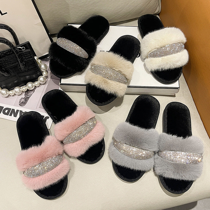 Fluffy Crystal Diamond Flat Slippers