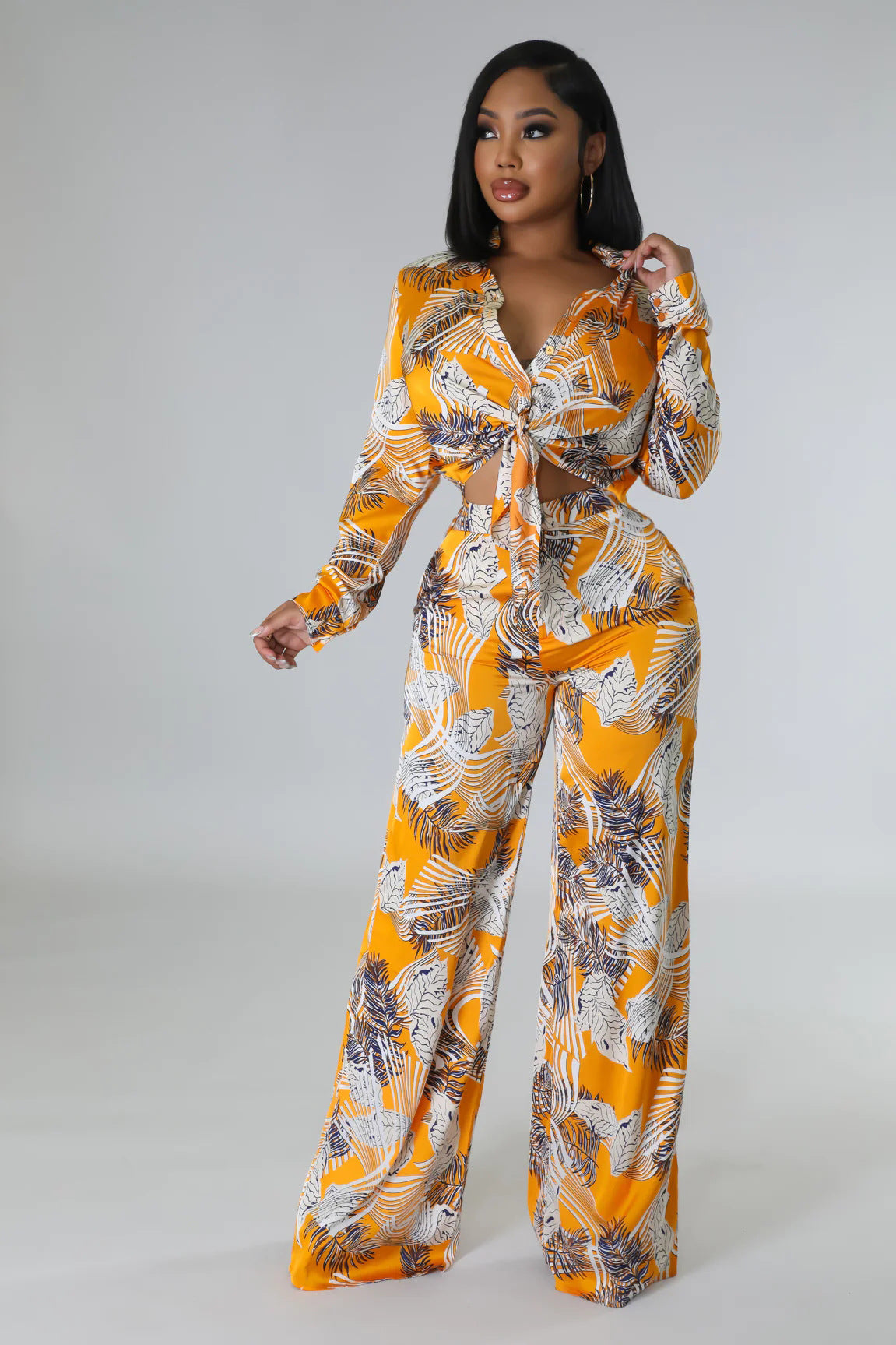 Summer Print Stand Collar Long Sleeve Shirt Top Wide Leg Pants Fashion Two-Piece Set 5