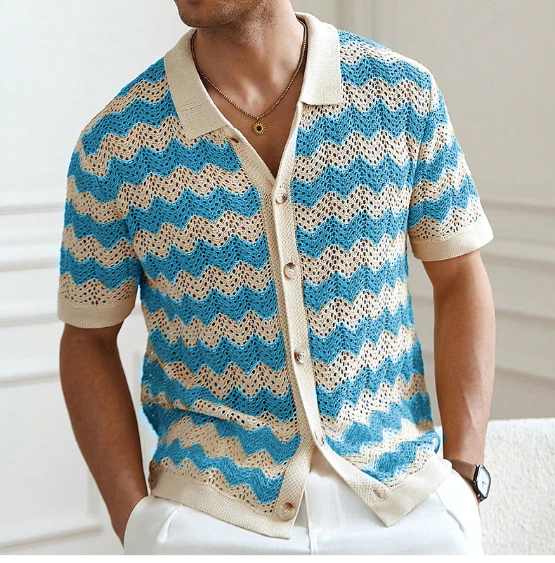 Men's American hollow jacquard ripple summer short-sleeved knitting polo T-shirt 3