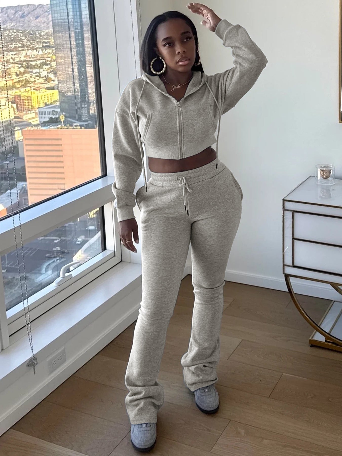 Women Hoodies and Bell Bottom Pants Two-Piece Set 4