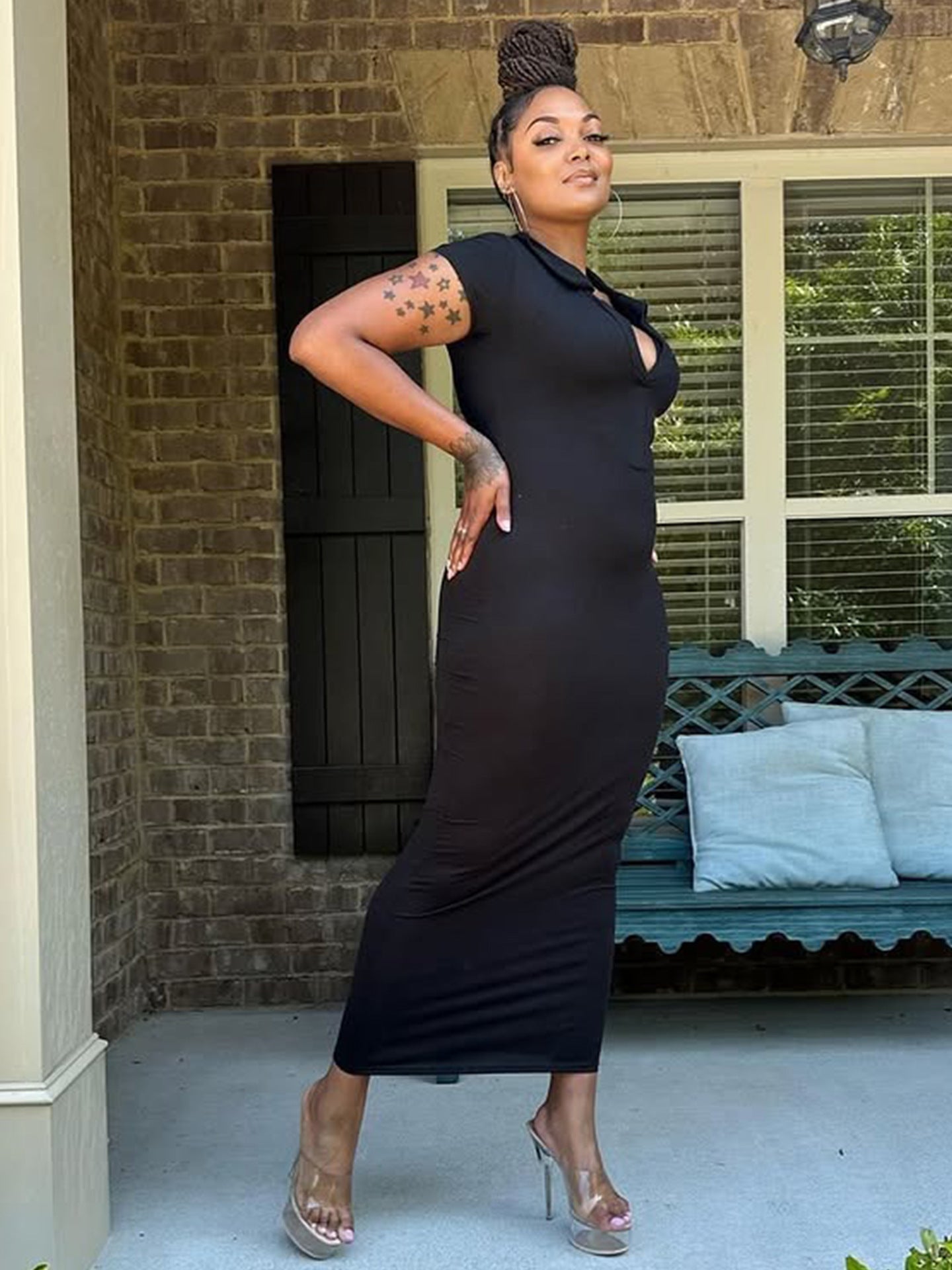 Women Summer Turndown Collar Short Sleeve Sexy Solid Bodycon Dress 4