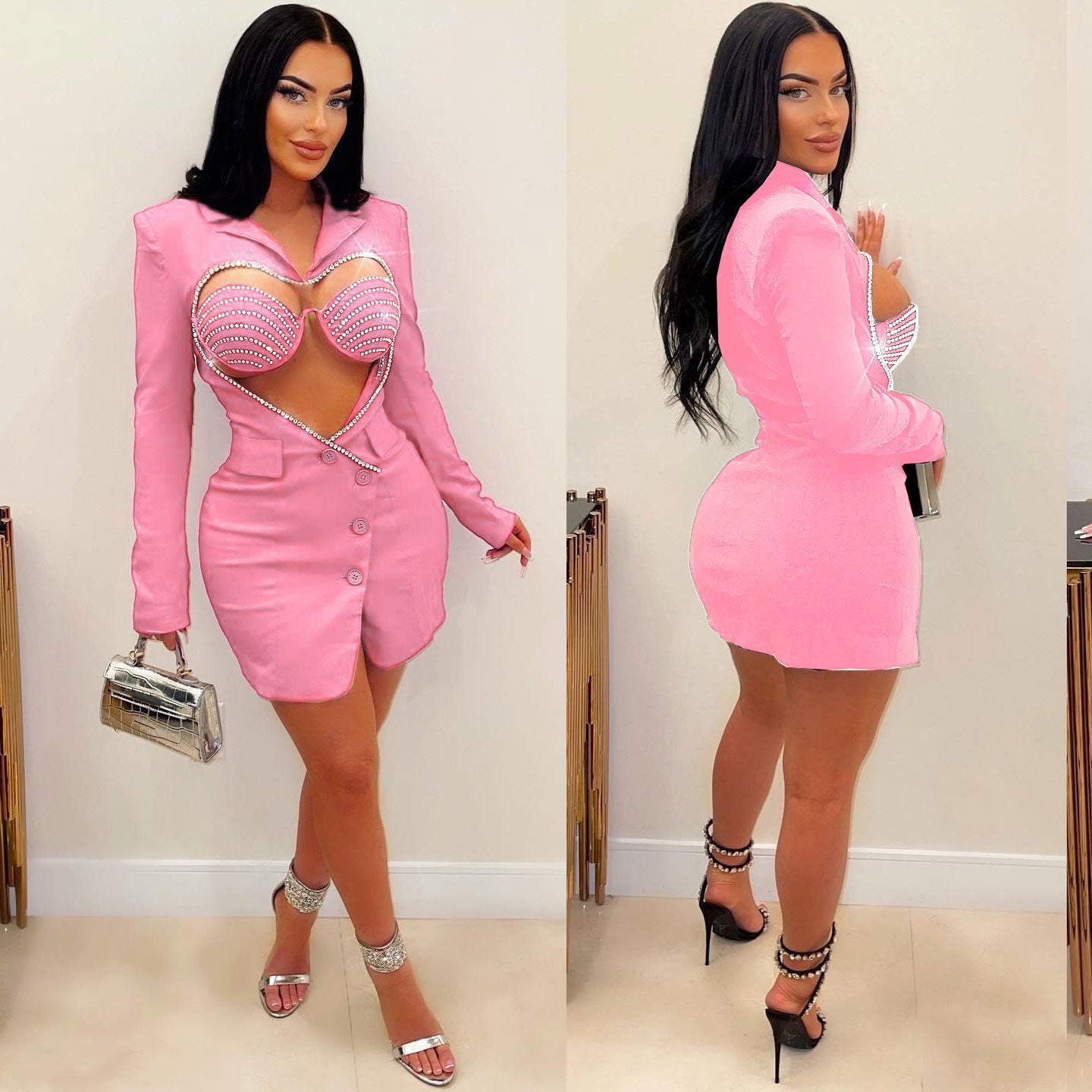 Sexy Solid Color Beaded Bra Blazer Dress Two-Piece Set 11