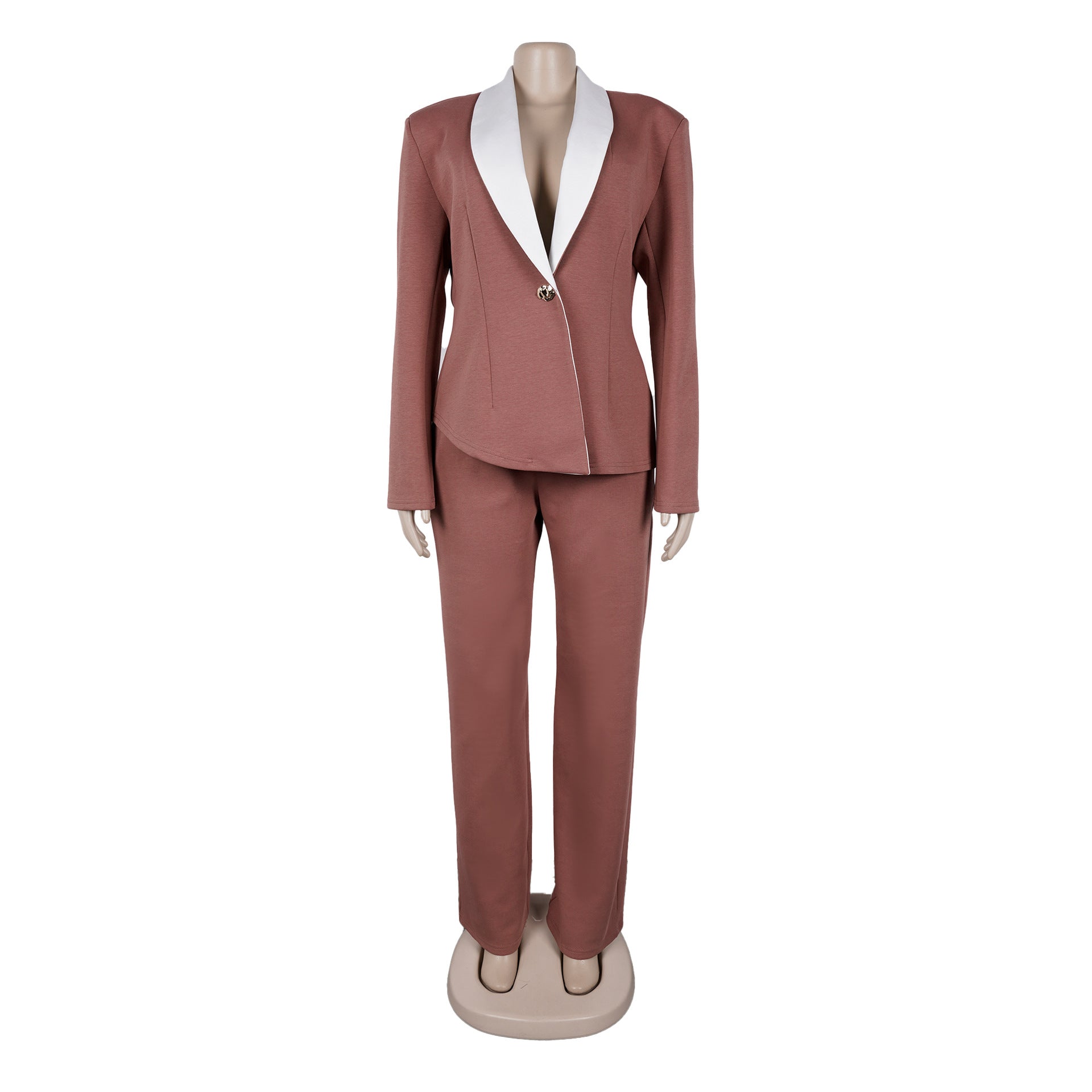 Women's Elegant Career Color-Blocking Turndown Collar Casual Suit Two-Piece Set 42