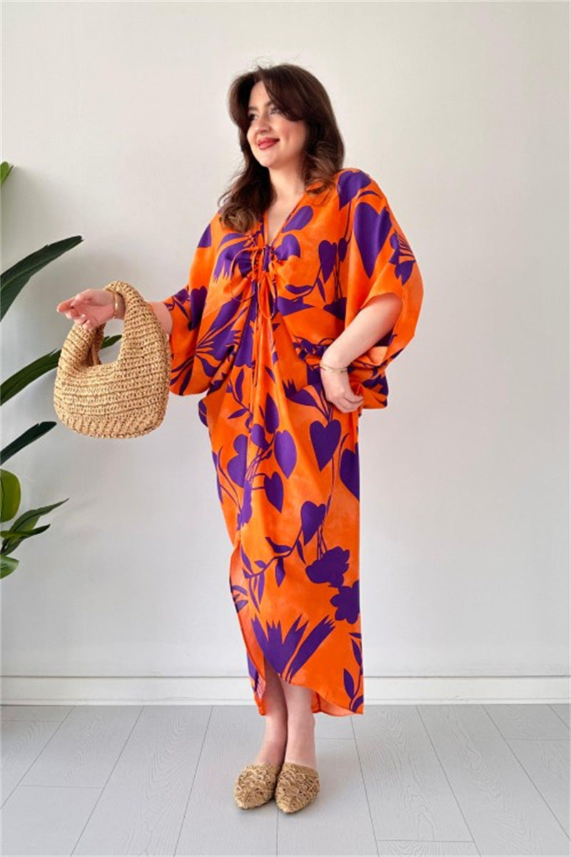 Fashion Printed Bat Sleeves V-Neck Drawstring Irregular Loose Dress