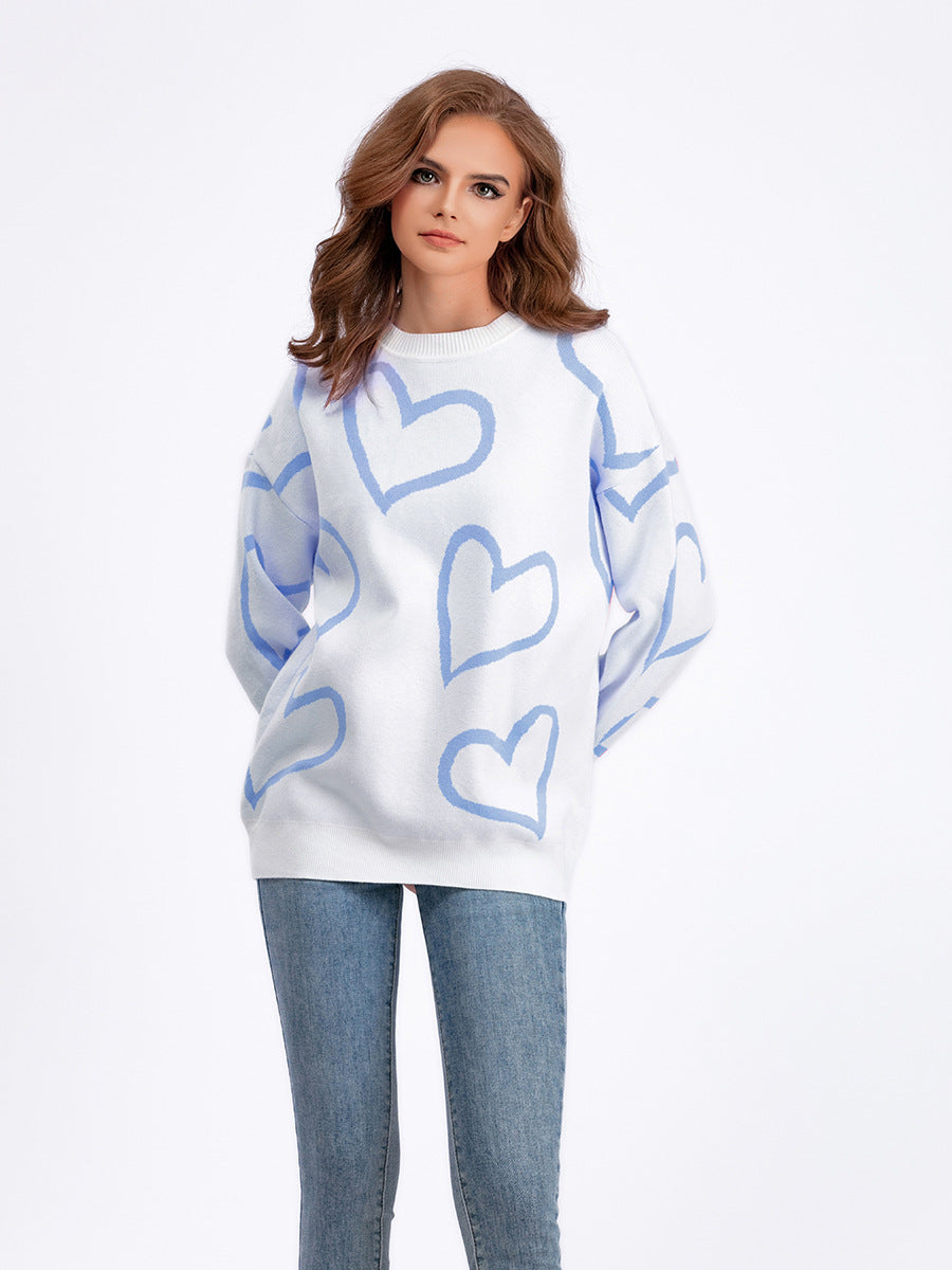Women Round Neck Heart Print Contrast Sweater 8
