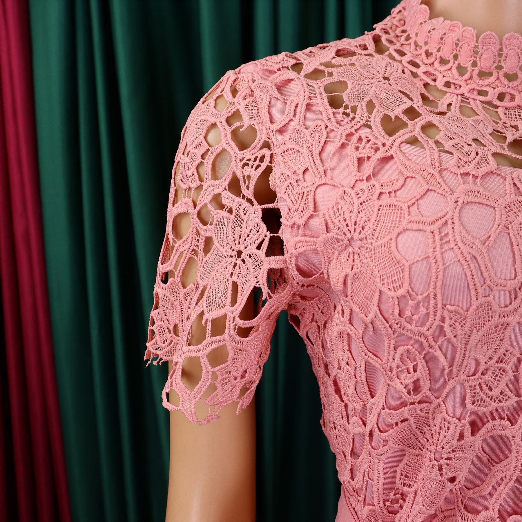 Women's Sexy Lace Hollow Short Sleeve Belt High Waist Wide Leg Jumpsuit 16