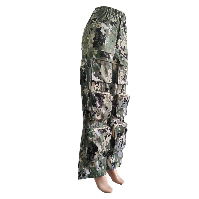 Summer Camouflage Print High-Waist Loose Cargo Pants 9