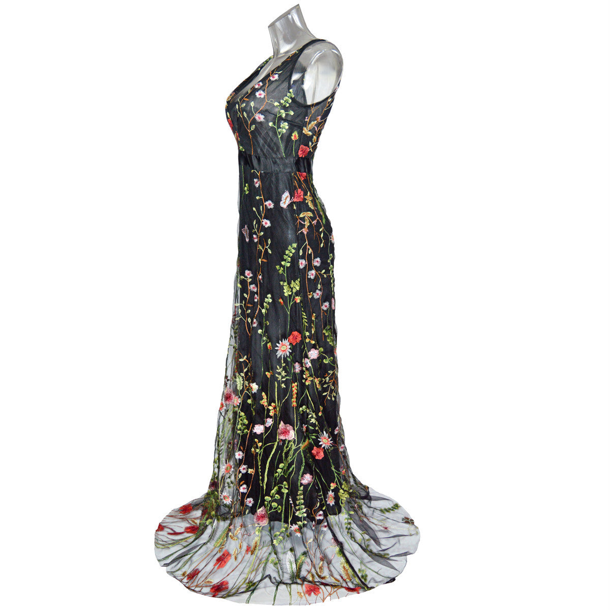 Women Sexy Deep V Sleeveless Embroidered Backless Maxi Dress 4