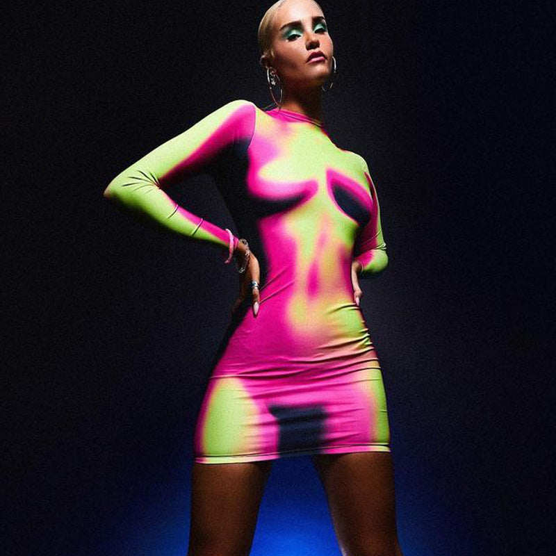 Women Spring and Summer Printed Round Neck Long Sleeve Bodycon Dress 4