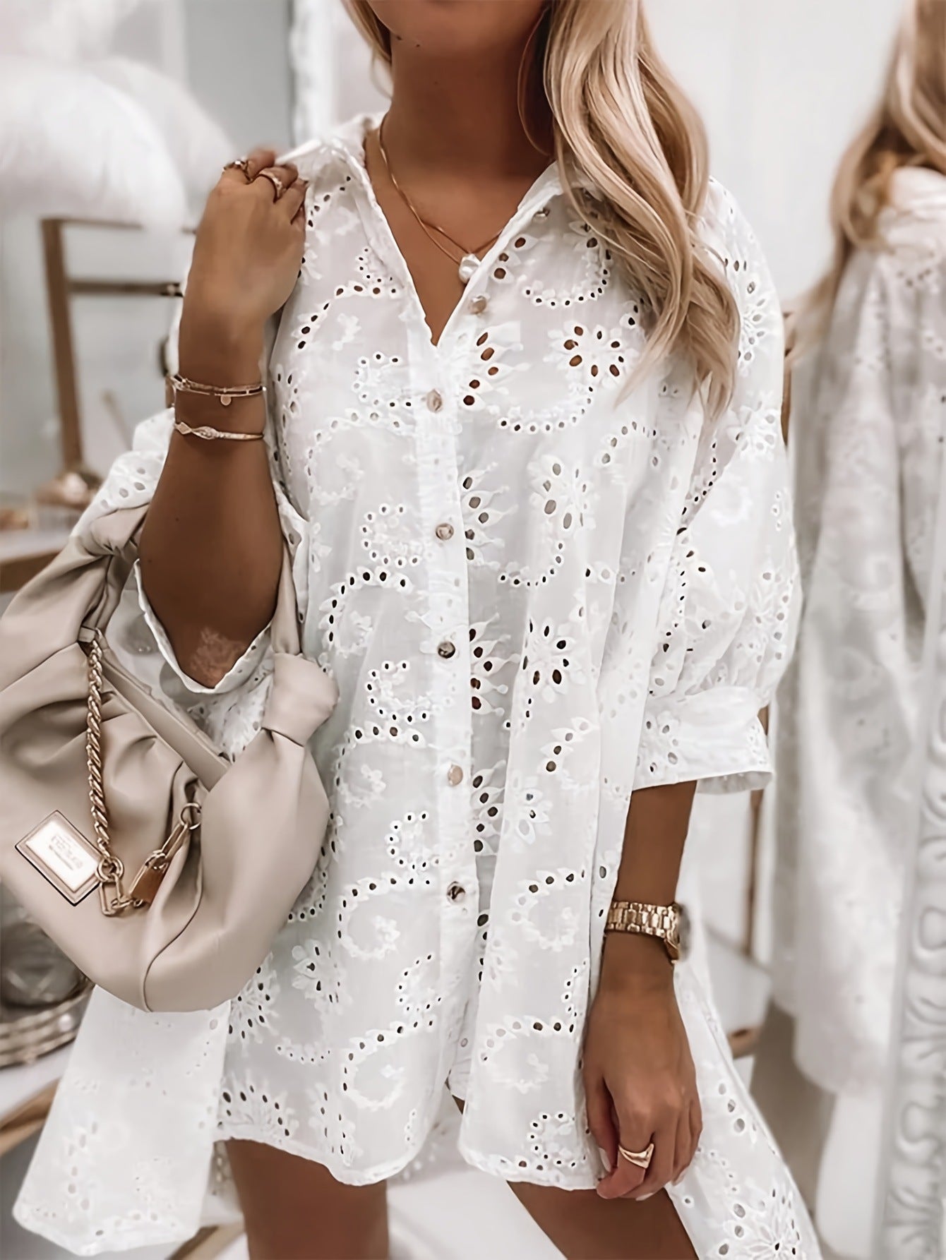 Spring Summer women's casual loose embroidered lace shirt 4