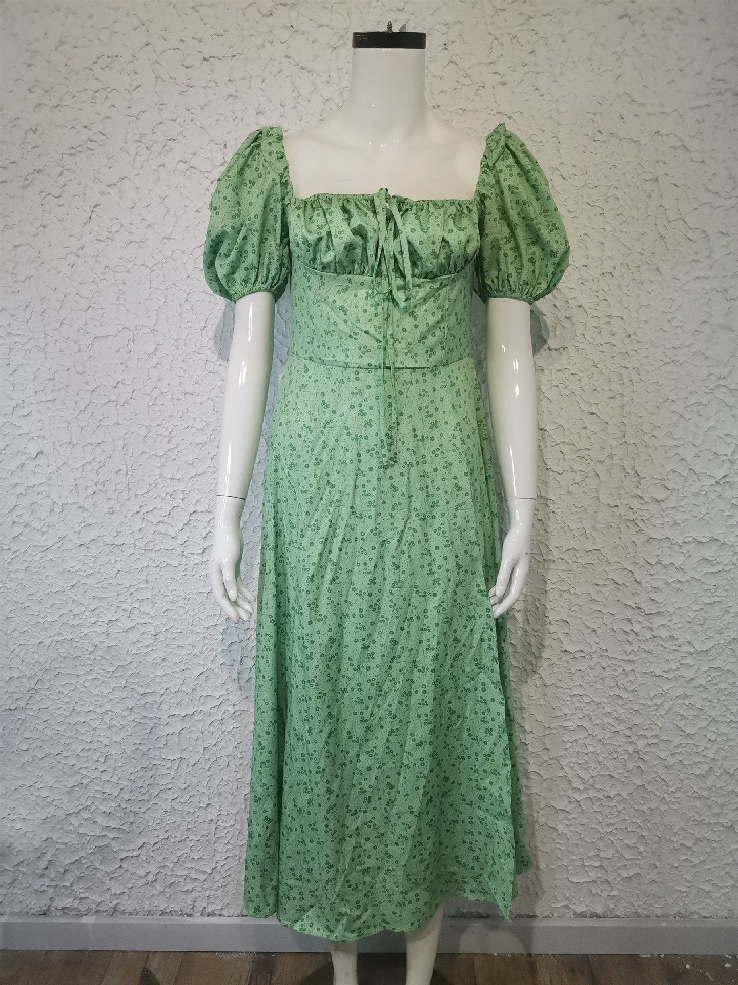 Women's summer fashion puff sleeve floral tie high slit long summer dress 28