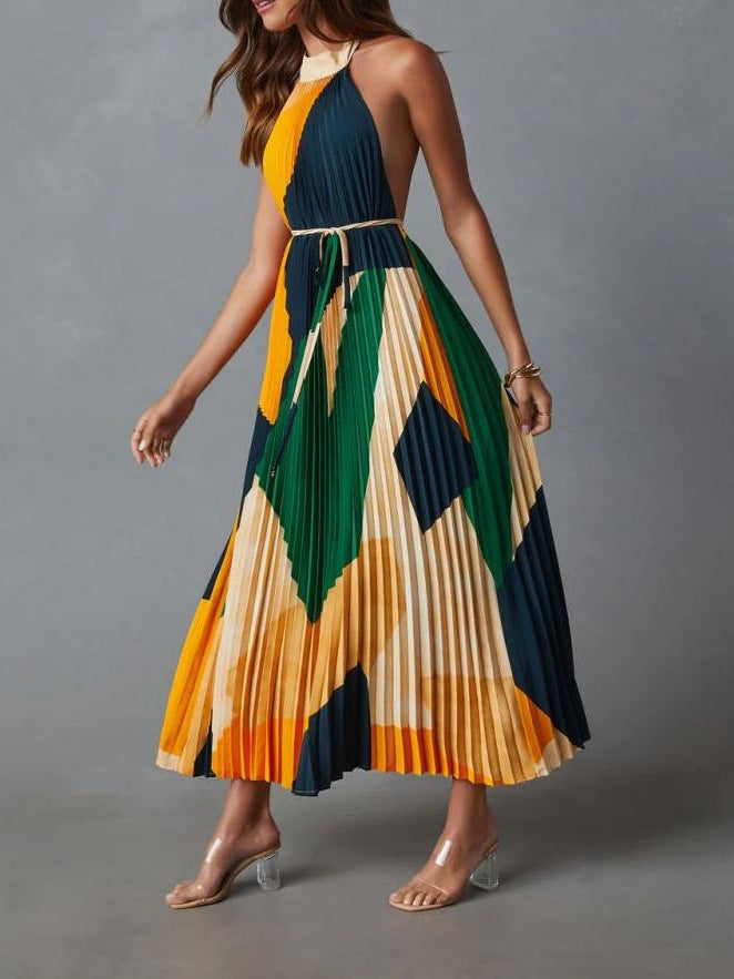 Women Backless Lace-Up Printed Accordion Dress 5