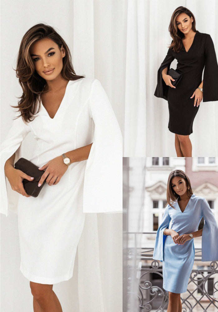 Women Autumn V Neck Slit Long Sleeve Solid Dress