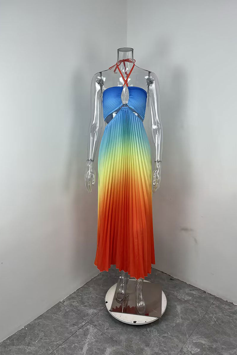 Women summer gradient Halter Neck pleated beach Holidays Maxi Dress 21