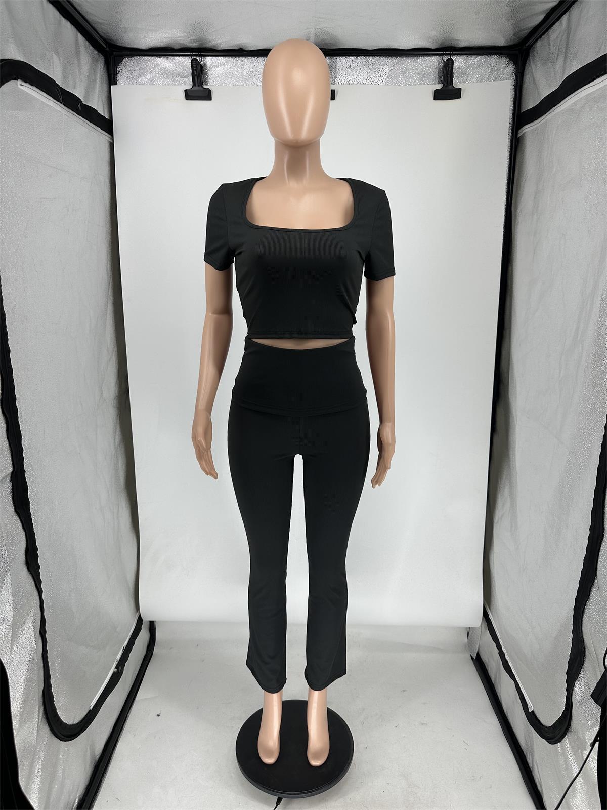 Women Summer Ribbed U-neck Short Sleeve Top and Pant Two-piece Set 21