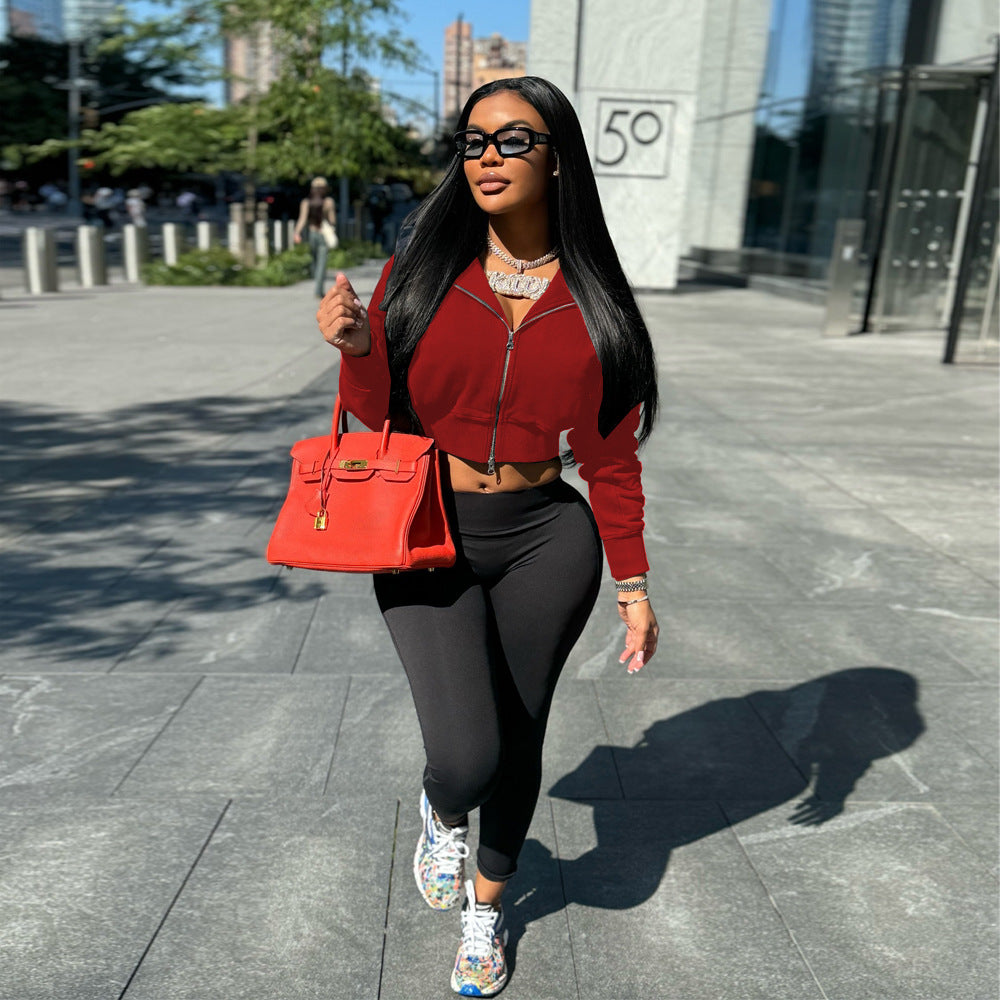 Women casual Rib Patchwork hooded zipper jacket 4