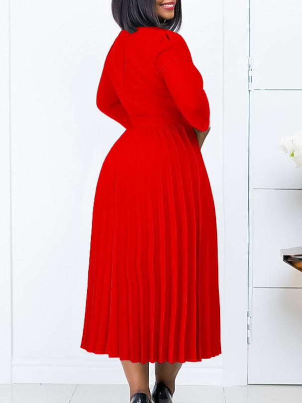 Women Autumn V-neck Elegant Pleated Dress 9